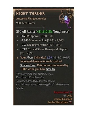 Diablo 4 Season 13 Night Terror 0GA 6% Ancestral Unique Amulet Equipment Gear