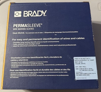 Brady PS-500-2-WT-2 Permasleeve Heat Shrink Wire Marking Sleeves 104687 New 1000