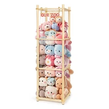 Stuffed Animal Storage - Tall Natural Pine Wood Toy Organizer with Elastic C...