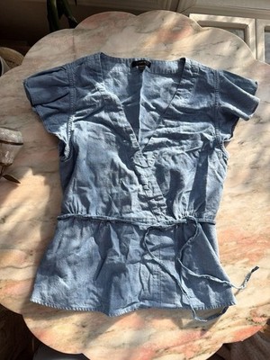 J.Crew Chambray Faux-Wrap Top with Flutter Sleeves