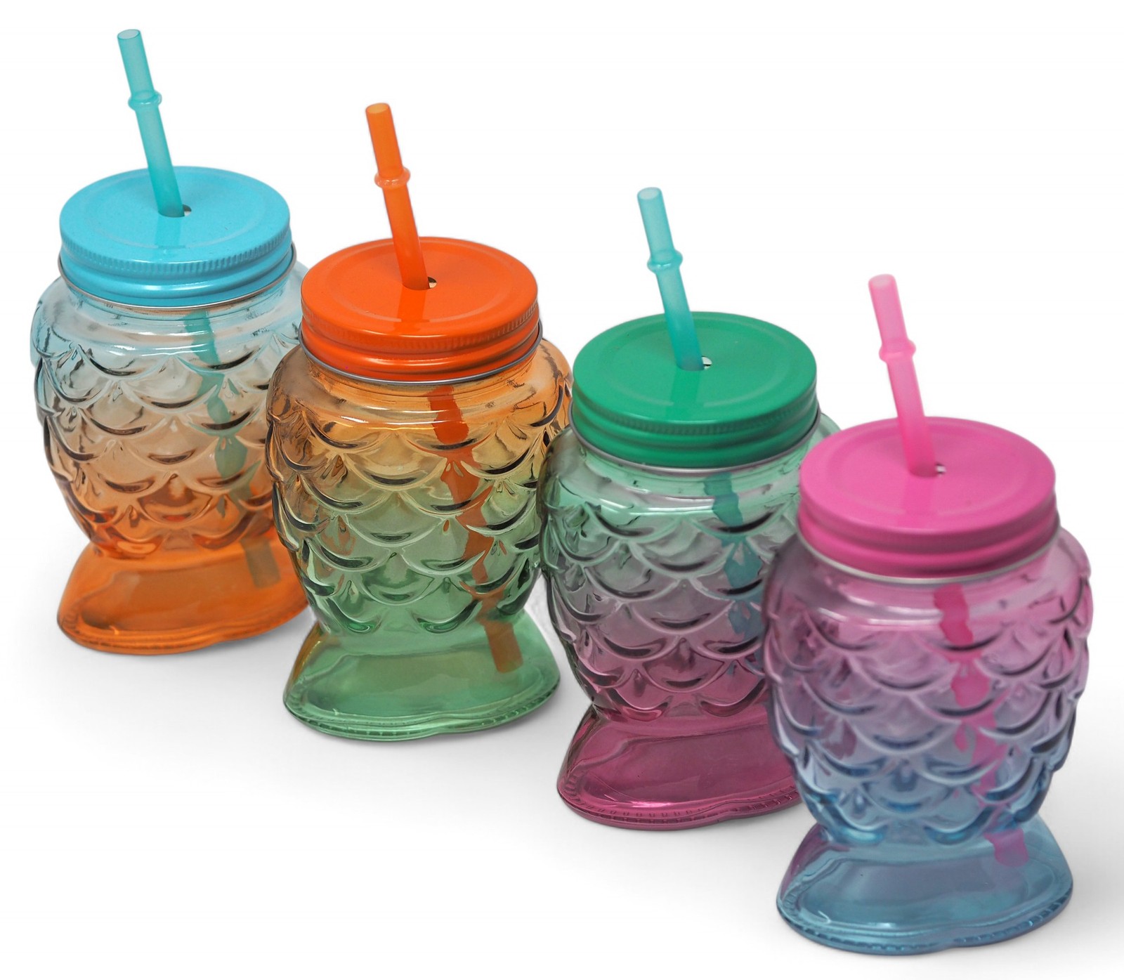 Colourful Mermaid Ombre Glass Drinking Jars with Lids and Straws - Set of 4
