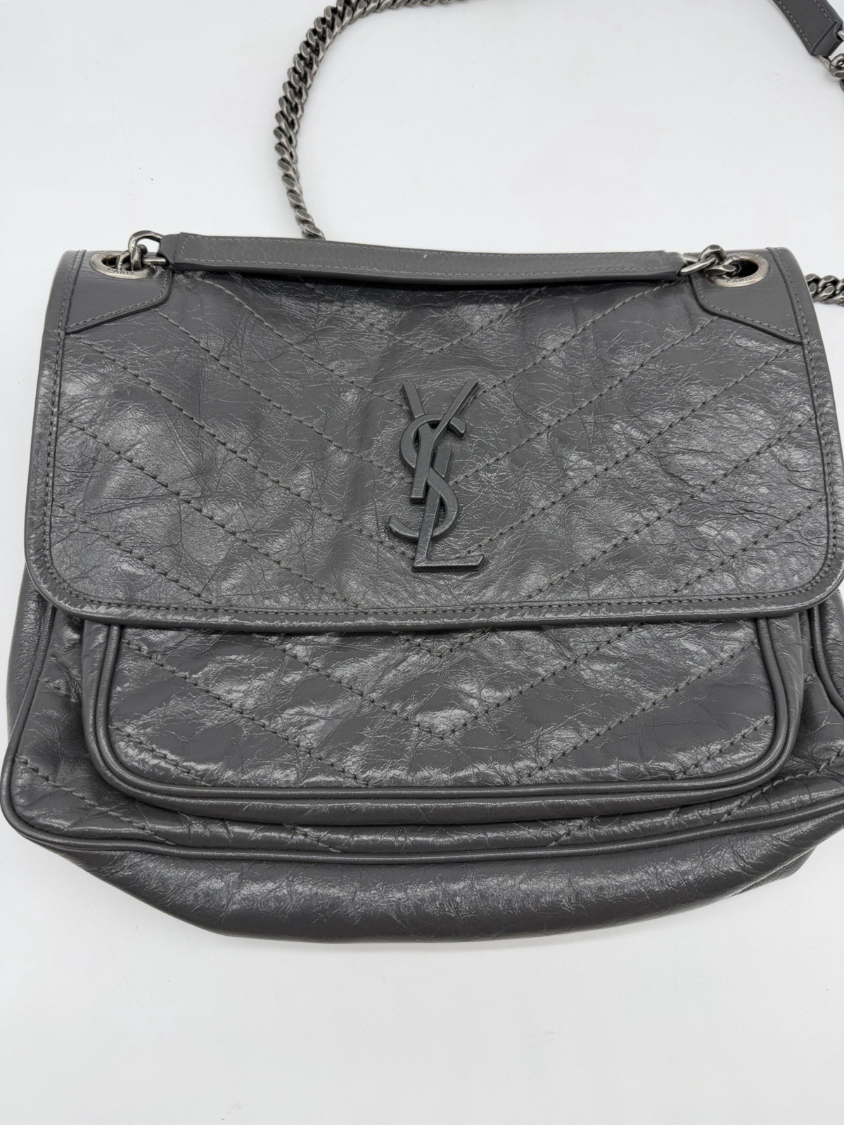 Saint Laurent Niki Shoulder Bag Lamb skin Grey Authentic/Good Condition