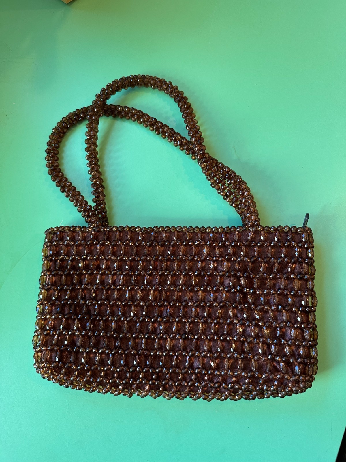 Brown acrylic beaded rectangular women's shoulder… - image 1