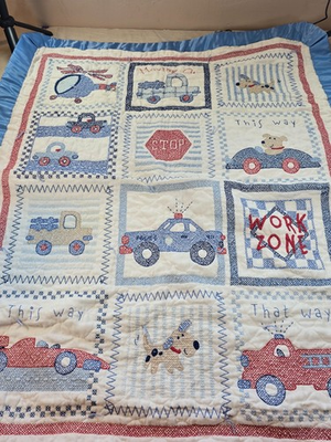 #ad Handmade Transportation Baby Quilt Blue Satin Trim Polka Dot Reverse Work Zone $24.17