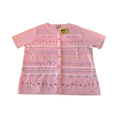 Bechamel Womens L Pink Floral Embroidered Cardigan Sweater Short Sleeve NWT