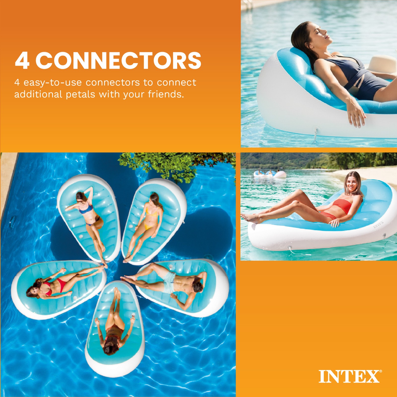 Intex Petal Floating Lounge Chair Pool Float Lounger w/ Cupholder, Blue & White