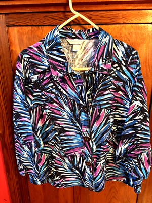 Colorful Christopher&Banks Jacket Shacket Sz M Blue Purple Button Up Linen Rayon