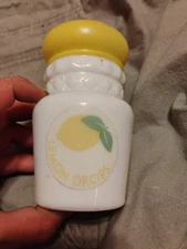 Vintage Milk Glass Lemon Drops Jar Bottle Container With Yellow Plastic Lid