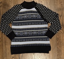 NWT Talbots Black Blue Fair Isle Snap Mock Neck White Sweater Size Medium Petite