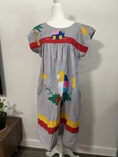 Vintage 80s Mexican Embroidered Parrot Dress Mrs Roper Caftan Muumuu Vacation