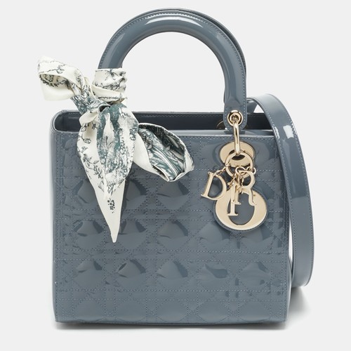 Dior Lady Dior Medium Bluish Grey Cannage Patent Leather Tote