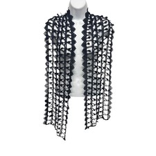 Blue Lace Sequin Open Knit Scarf Teardrop Crochet Scalloped Edge Evening Wrap