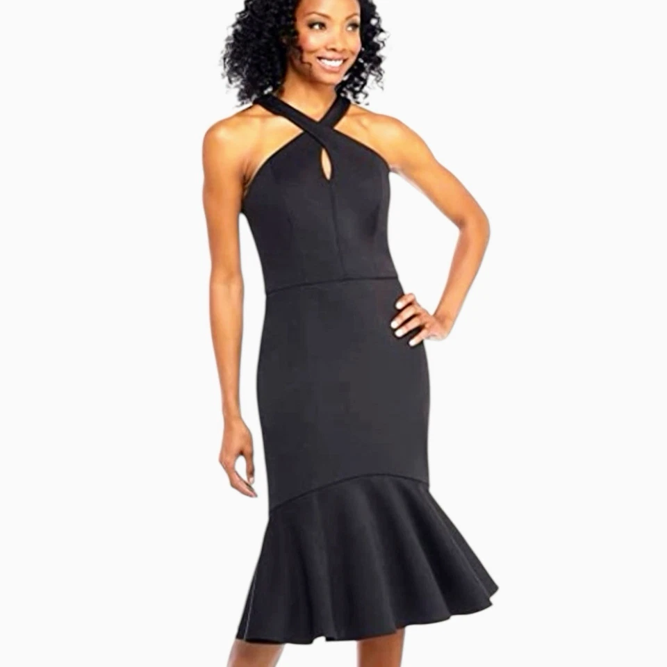 Maggy London Womens Size 10 Samantha Flounce Dress Cross Halter Keyhole Ruffle - Image 3 of 4