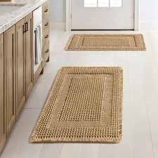 Set of 2 Waffle Bathroom Rugs, Boho Bath Rug Super Absorbent, Non Slip Washab...