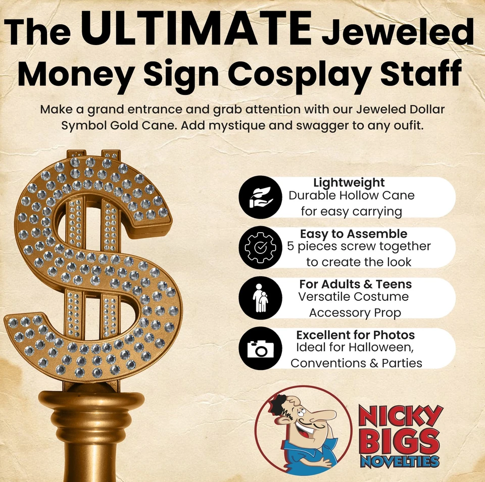 49.5" Tall Sign Money Cane Adjustable Cosplay Pimp Staff Halloween Costume Prop - Image 2 of 4