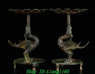 11,8'' Warring States Bronzeware Tierkranich Kerzenhalter Kerzenständer Paar