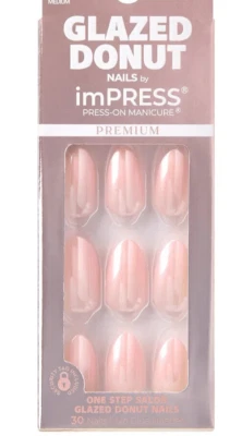 KISS IMPRESS PRESS ON NAILS ONE STEP MANICURE GLAZED DONUT STRAWBERRY MEDIUM LON