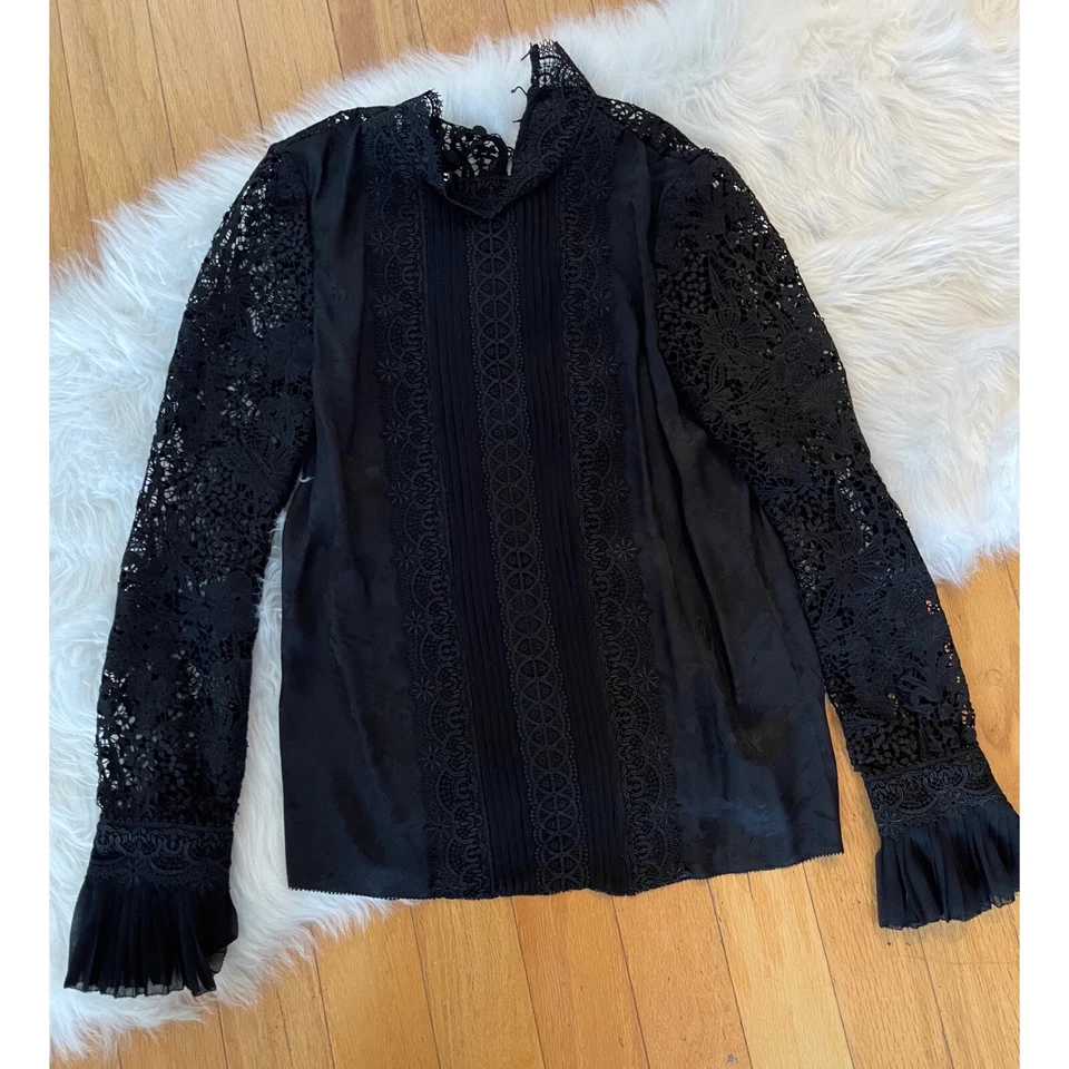 Blusa victoriana Erdem x H&M seda negra floral encaje mangas plisadas talla XS Foto 4 de 4