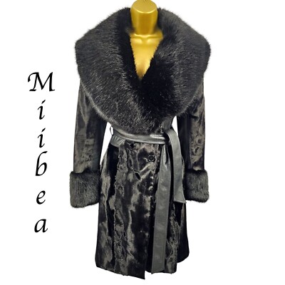 NEU Karen Millen 12 UK ORIGINAL SCHWARZ PONY KUNSTFELLKRAGEN & MANSCHETTEN MANTEL MIT GÜRTEL