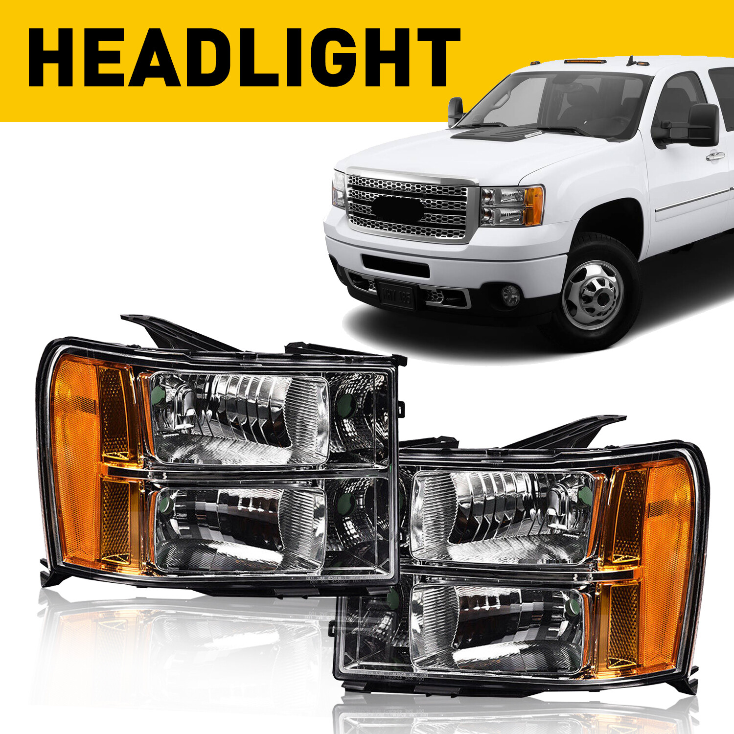 Headlights Lamps Fits For 2007-2014 Sierra GMC 1500 2500HD 3500HD Chrome Housing