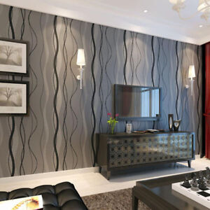 Details About Black Grey Wave Striped Wallpaper Stripe Curve Feature Wall Bedroom Living Room