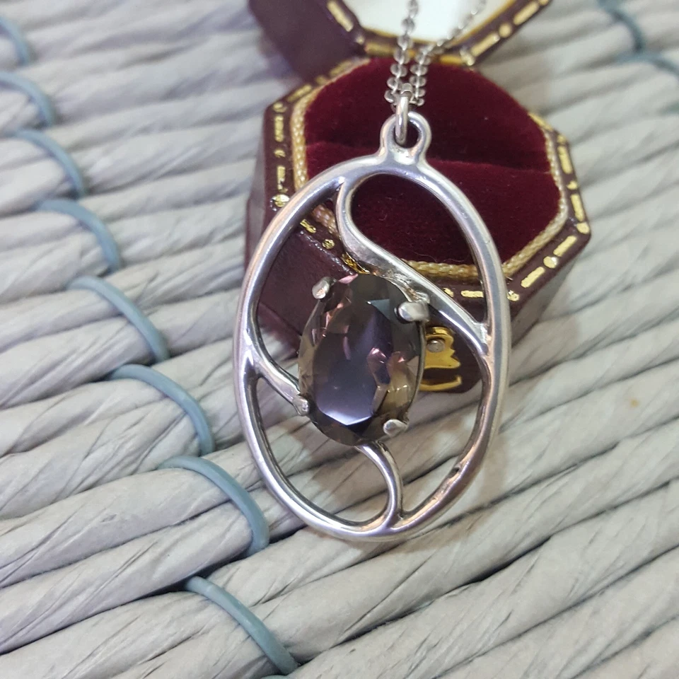 Collar vintage de plata de ley 925, colgante de cuarzo ahumado, Edimburgo 1976 Foto 3 de 4