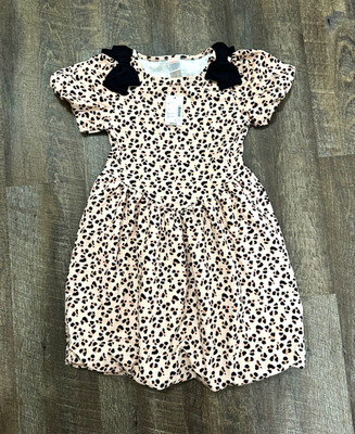NWT Gymboree Girls Size 12 Peach/Black Leopard Knit Fit & Flare Dress Bows