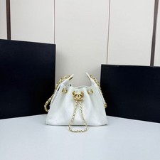 NEWCHANEL Women's White Quilted Leather Bucket Bag with Gold Chain