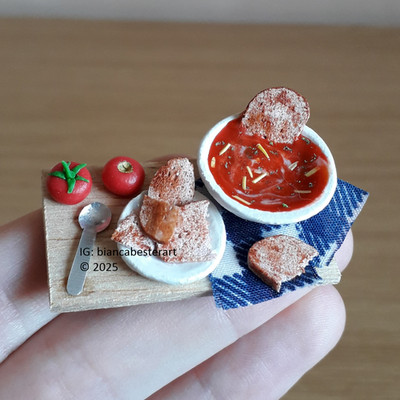 Dollhouse miniature 1:12 Tomato vegetable soup and bread meal - handmade OOAK