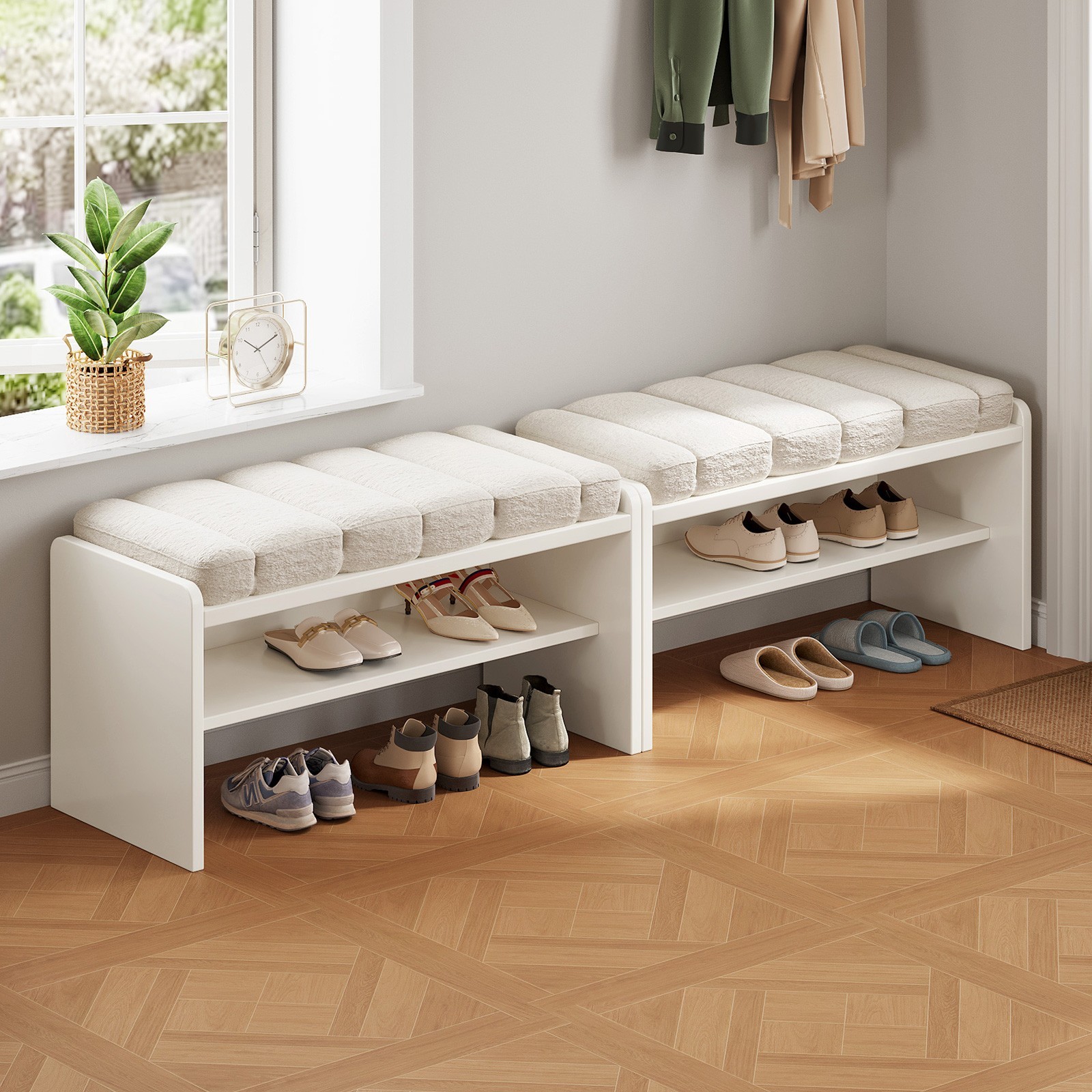 3-Tier Shoe Storage Bench with Soft Cushion Ottoman Shoe Rack for Entryway Beige