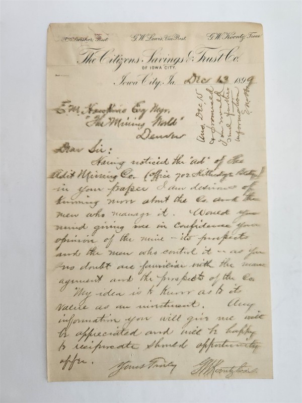 1899 antique CITIZENS SAVINGS & TRUST CO iowa city ia LETTER mining NC MERRILL