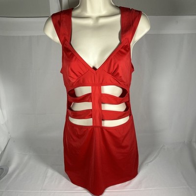 Cold Shoulder Mini Dress Wide Straps Cut Out Cage Style Stretch Red 80024 Med