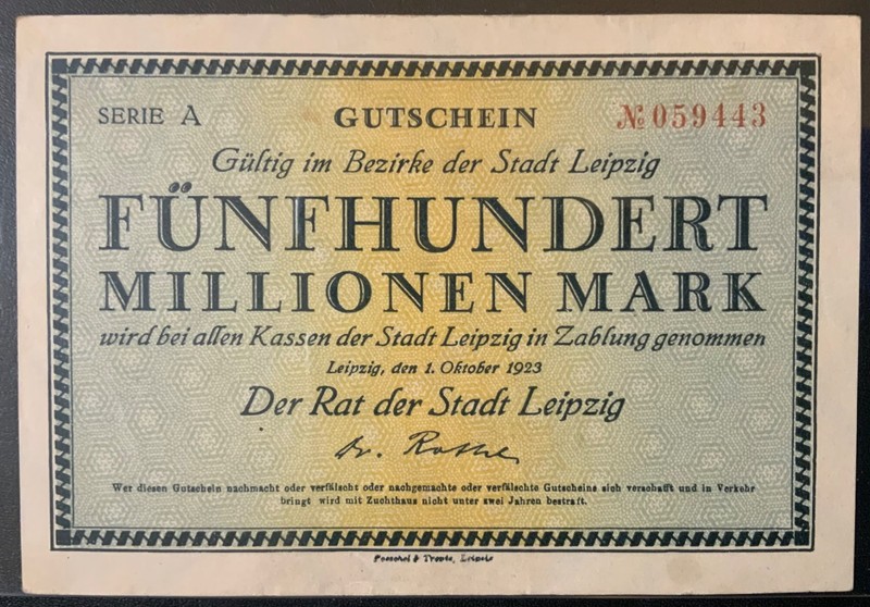 1923 GERMANY LEIPZIG PAPER MONEY - 500,000,000 MARK BANKNOTE!