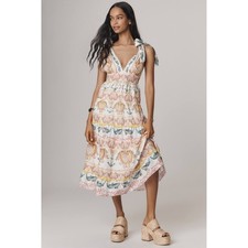FARM Rio Maritime Magic Tie Strap V-Neck Midi Dress Tiered Lace Pink Size M