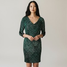 Tory Burch long-sleeve 100% silk  sheath dress in a navy and green print.