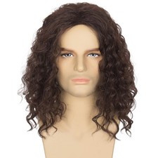 Miss U Hair 80s Mens Rock Star Wig Middle Part Curly Brown Funny Disco Party