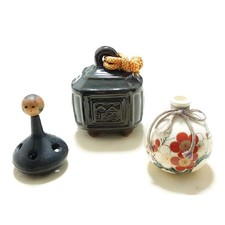Folk crafts: Ceramic Oki Koku Station Bell & Ceramic Plum Pattern Jar-shaped