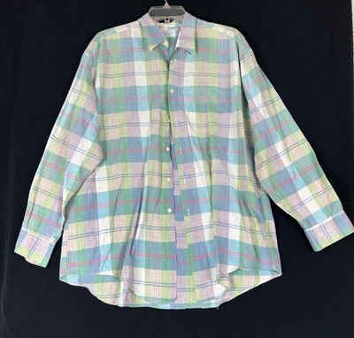 Connecticut Yankee Mens Shirt Large Long Sleeve Multi Color Plaid Pastel Linen