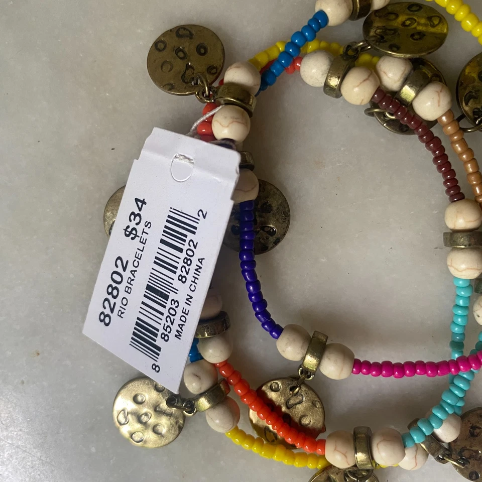 NUEVO CON ETIQUETAS Vivi Rio colorido pulsera elástica pila boho cuentas martillado bronce piedra Foto 4 de 4
