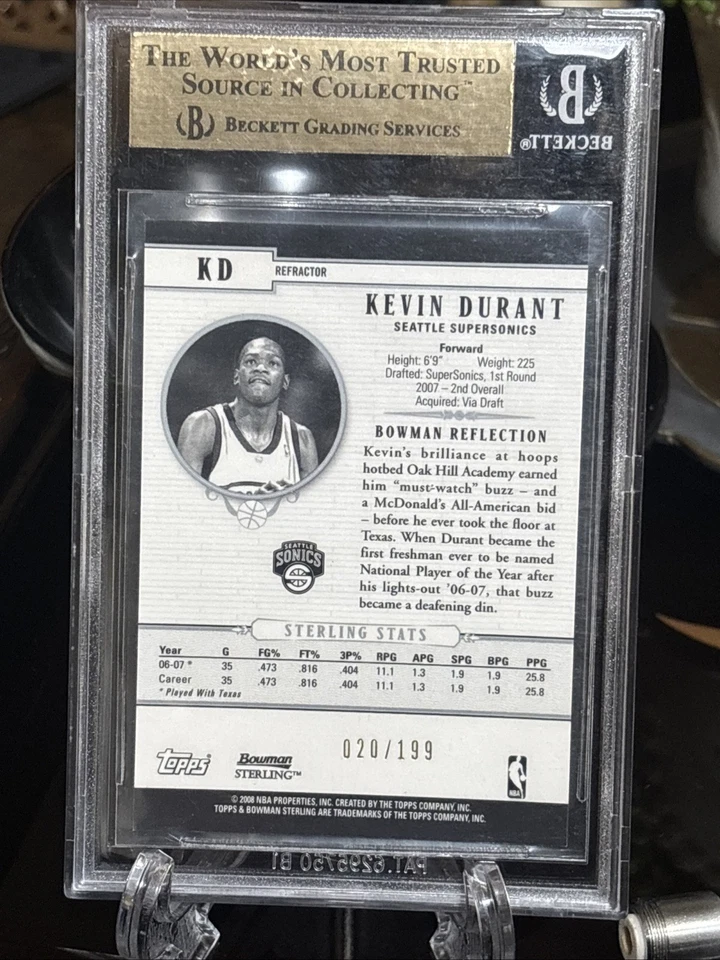Bowman Sterling Black Refractors 2007-08 #KD Kevin Durant radiocontrol novato/199 BGS 9,5 Foto 2 de 4