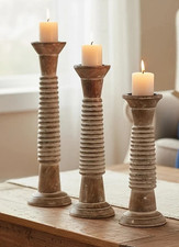 Ribbed Wood Candle Holders Set of 3 for Pillar Candles