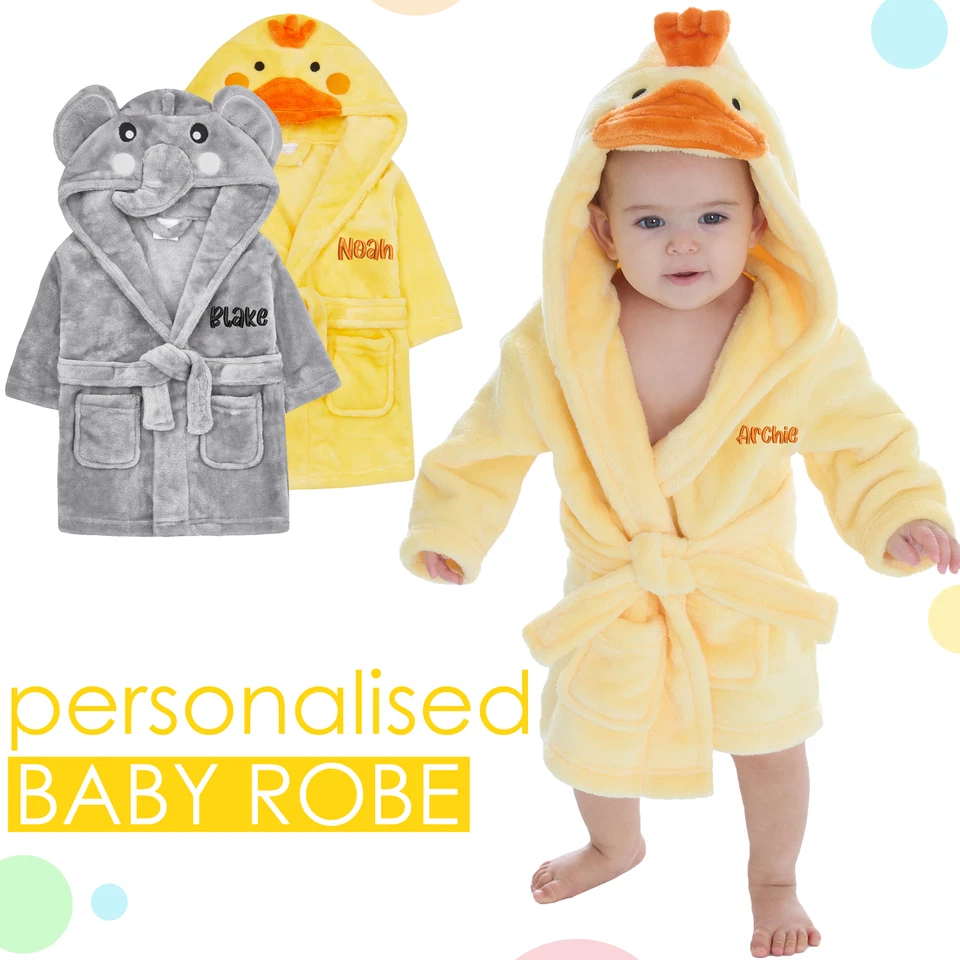 METZUYAN Personalised Newborn Dressing Gown Hooded Robe Elephant Duck Animal Name Present