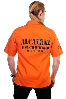 Men's Orange Gothic Retro Punk Alcatraz Psycho Ward Prison Shirt BANNED Apparel