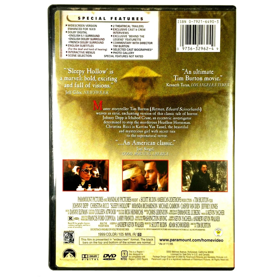 Sleepy Hollow (DVD, 1999, Widescreen)   Johnny Depp   Christina Ricci - Image 2 of 3