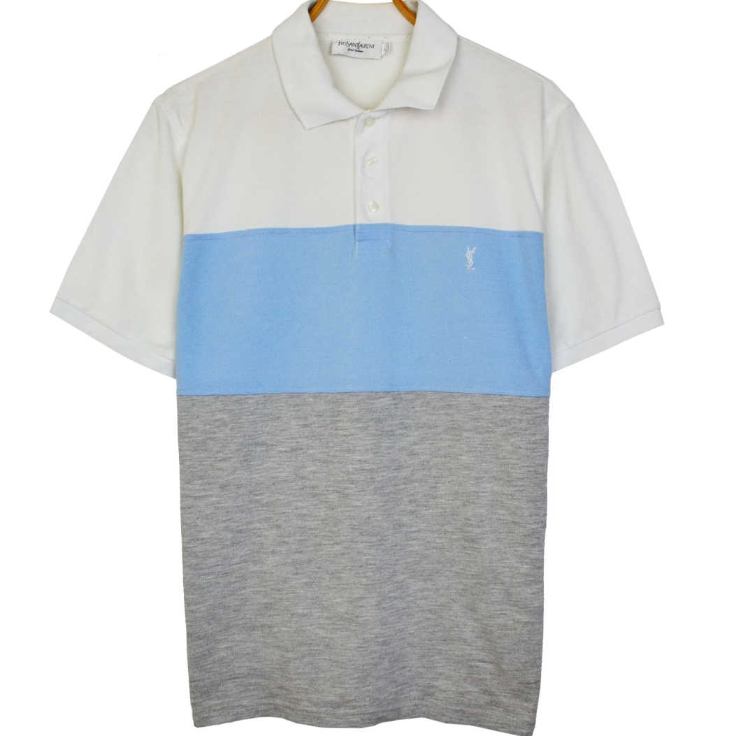 Polo uomo vintage YVES SAINT LAURENT logo a righe bianco blu grigio taglia L