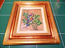 Original Birds Oil Painting on Leaf Emboss Signed w/ 17.5"x 15.5"  Ornate Frame