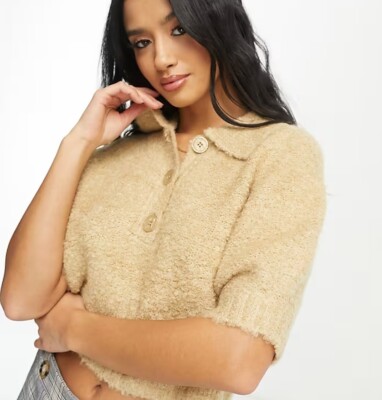 NWT Vera Moda Sweater Size S Collared Fluffy Button Tan Neutral Soft Wool $55