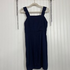 NWT H Halston Navy Blue Stretch Linen Squared Neck Smocked Mini Dress Size 2