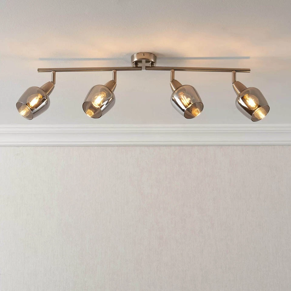 Ceiling Spot Light Bar 4 Way Modern Satin Nickel Effect Smoked Glass Kitchen
