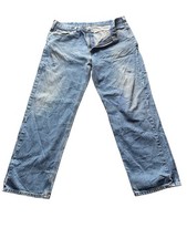 Carhartt Relaxed Straight Blue Denim Jeans, Distressed, Logo Button Zip Accent
